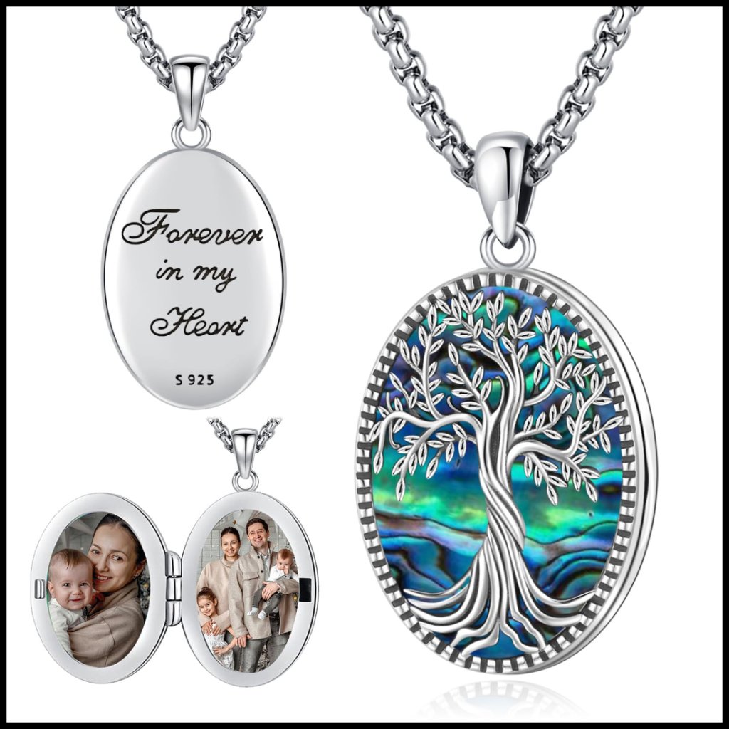 Sterling Silver Abalone Locket Necklace Elegant Tree Of Life Pendant Jewelry